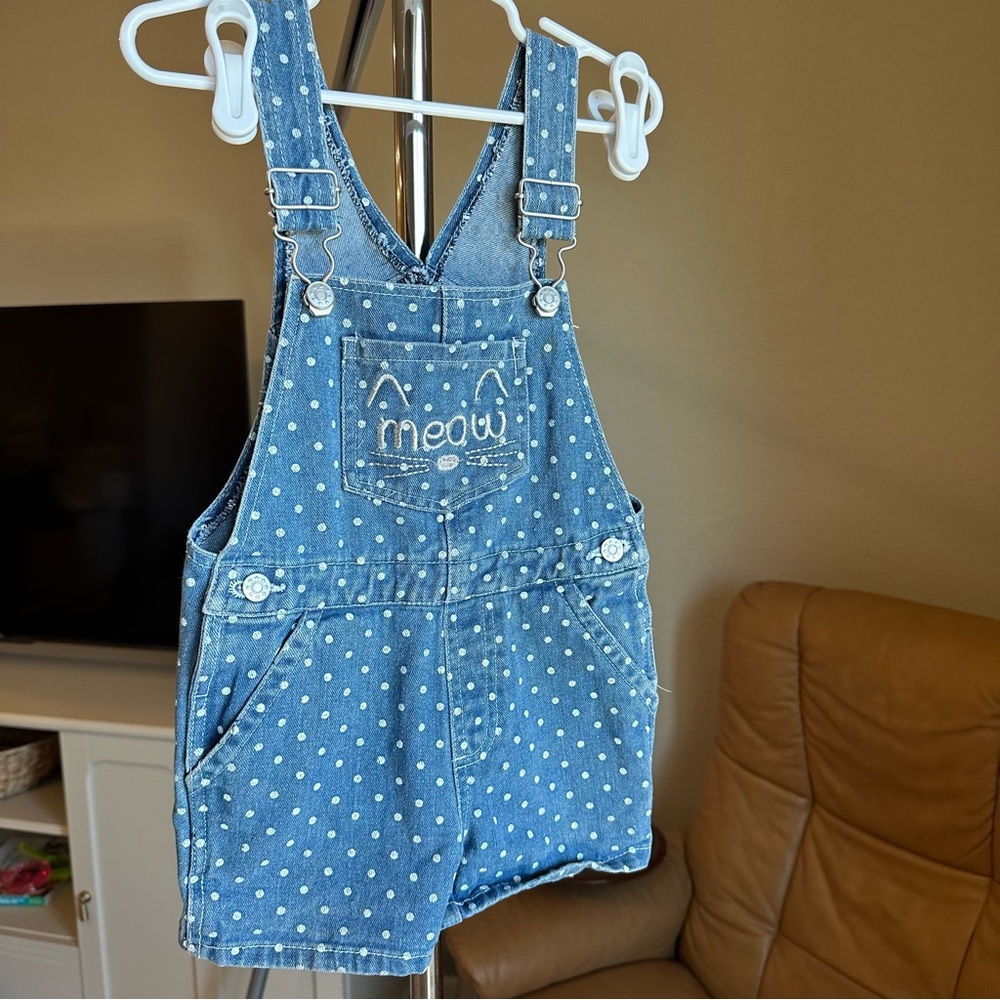 Vintage Denim Polka Dot Cat Kids Overalls